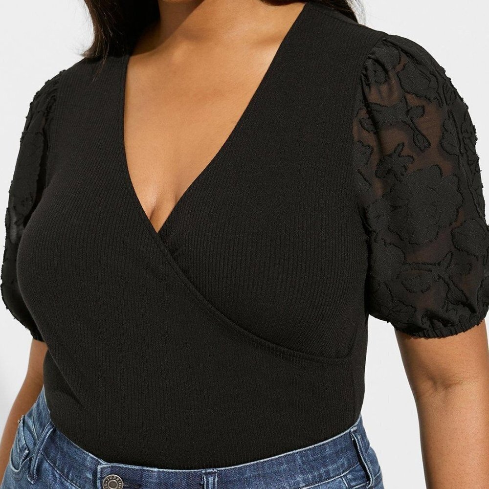 Fitted Super Soft Rib V-Neck Novelty Sleeve Surplice Top
